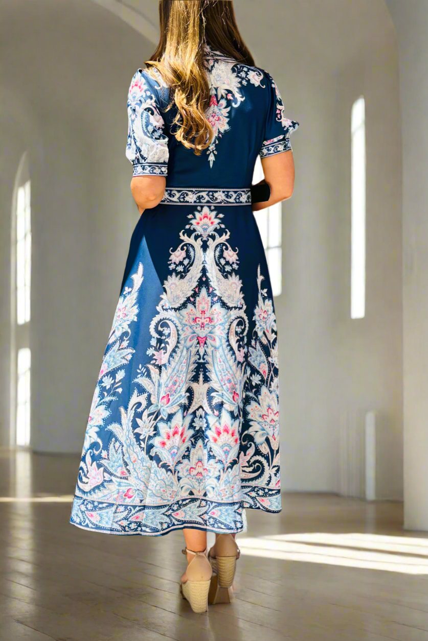 Monica Embroidered Print Dress in Navy