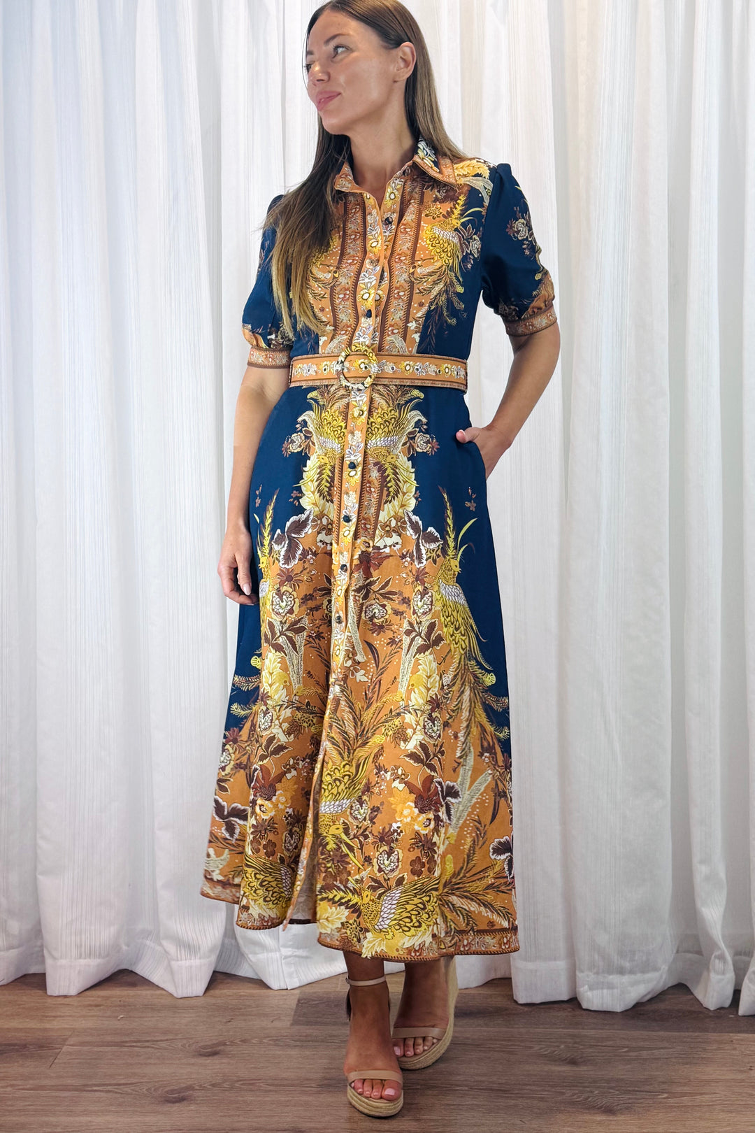 Marilyn Embroidered Print Maxi Dress in Navy.