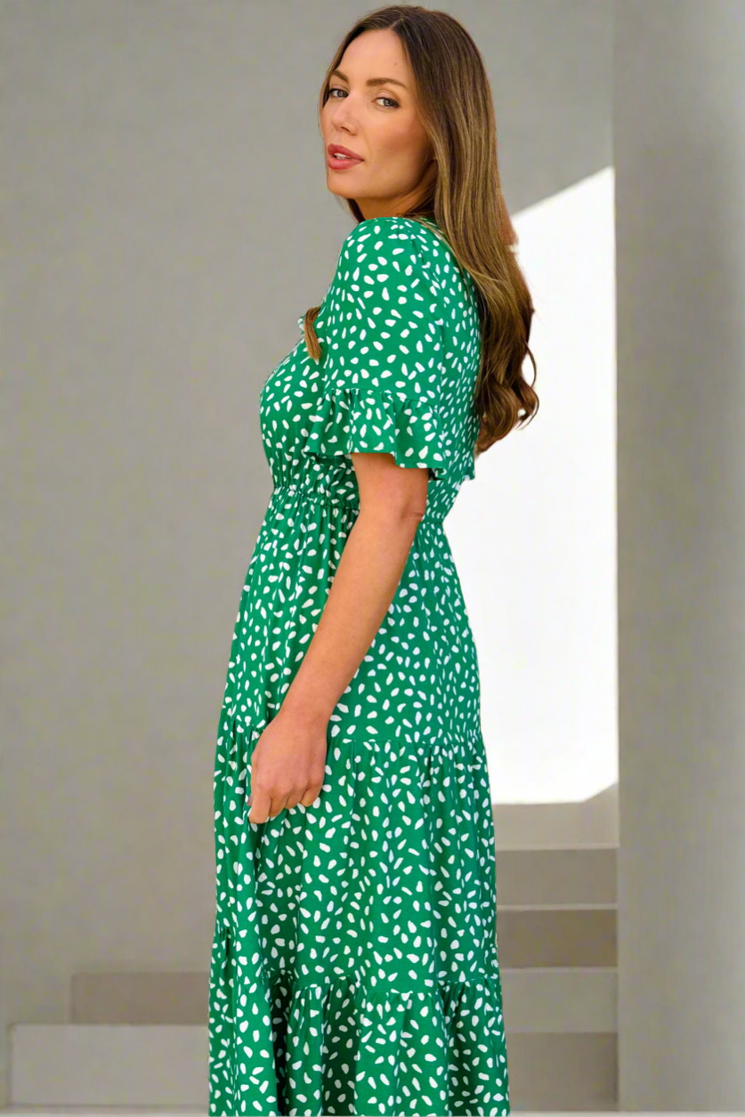 Jeannie Midi Dress  in Apple Green and White- Restocked