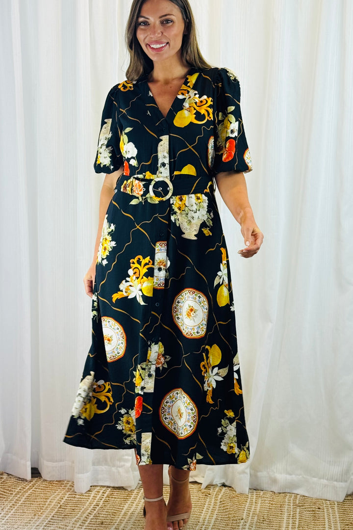 Giulia Lemon Print Dress in Black