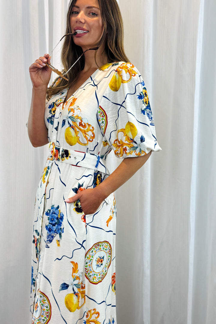 Giulia Shirt Dress in Off White Multi Lemon Print