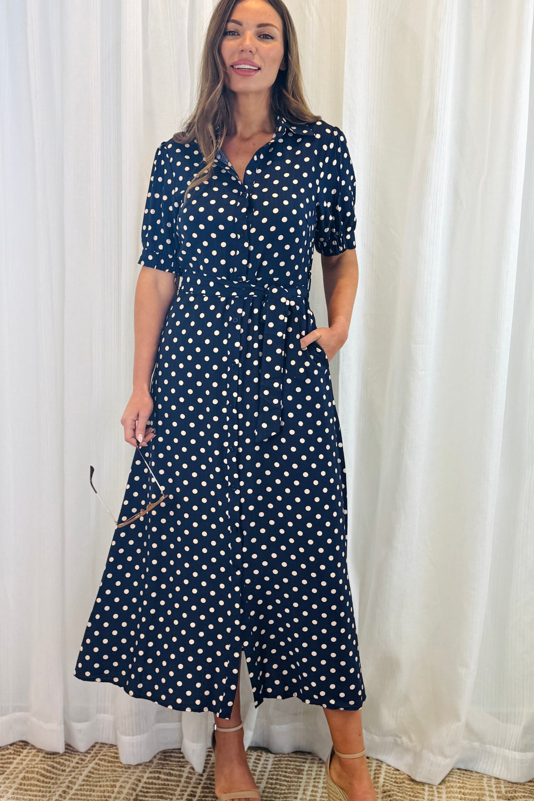 Tamika Spot Dress In Navy And Beige