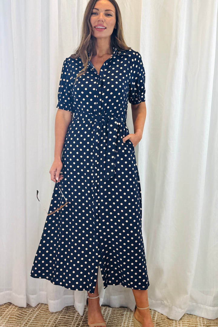 Tamika Spot Dress In Navy And Beige