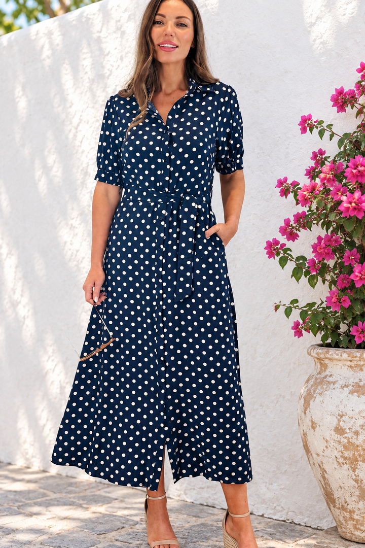 Tamika Spot Dress In Navy And Beige