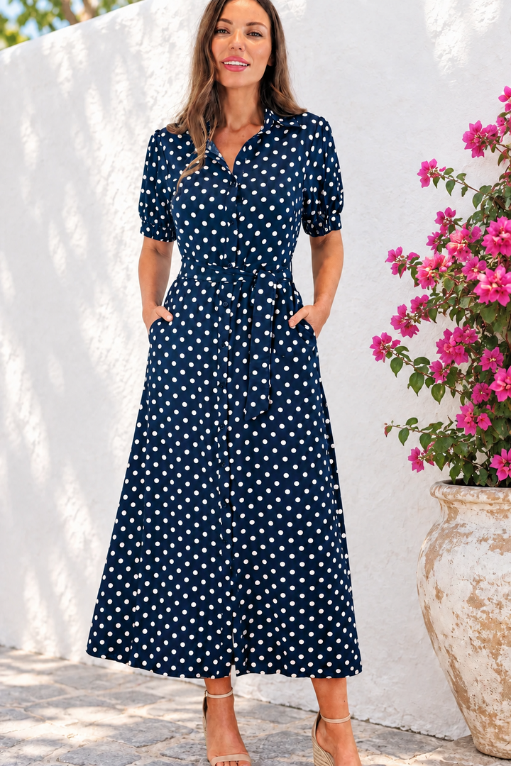 Tamika Spot Dress In Navy And Beige