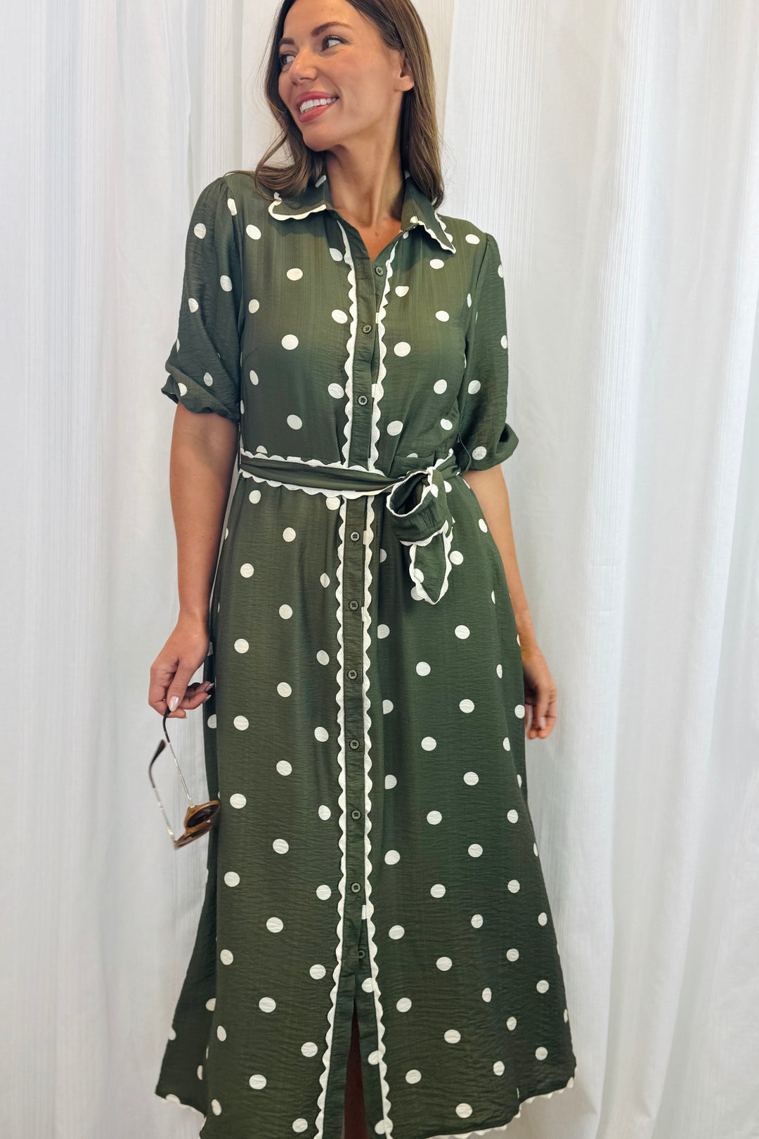 Shyla Polka Dot Dress in Khaki