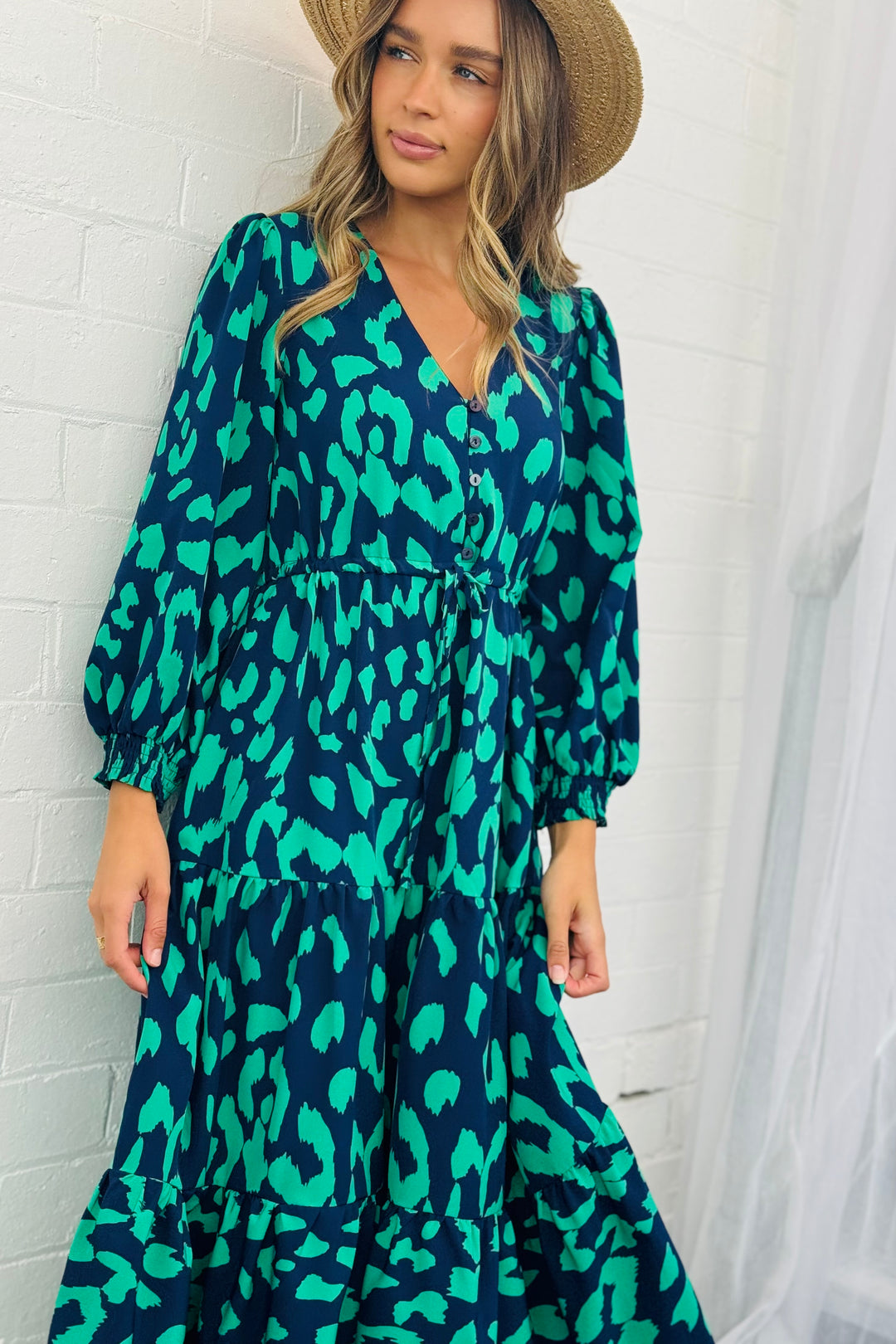 Molli Drawstring Midi Dress in Navy and Green Animal  Print