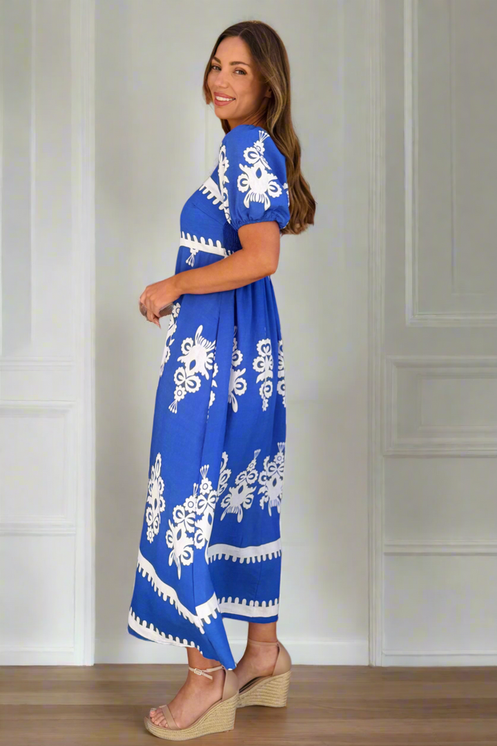 Bonnie Maxi Dress in Blue With White Print