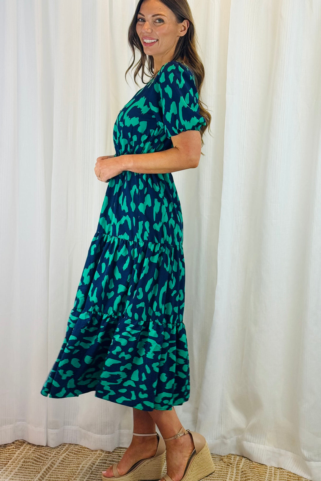 Molli Green and Navy Tiger Print Short Sleeve Dress