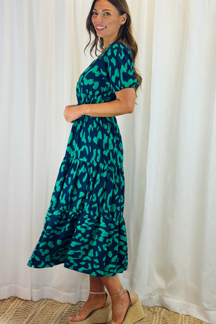 Molli Green and Navy Tiger Print Short Sleeve Dress