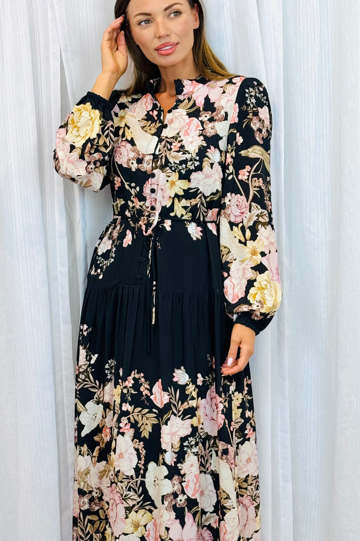 Juliet Floral Multi Print Dress in Black