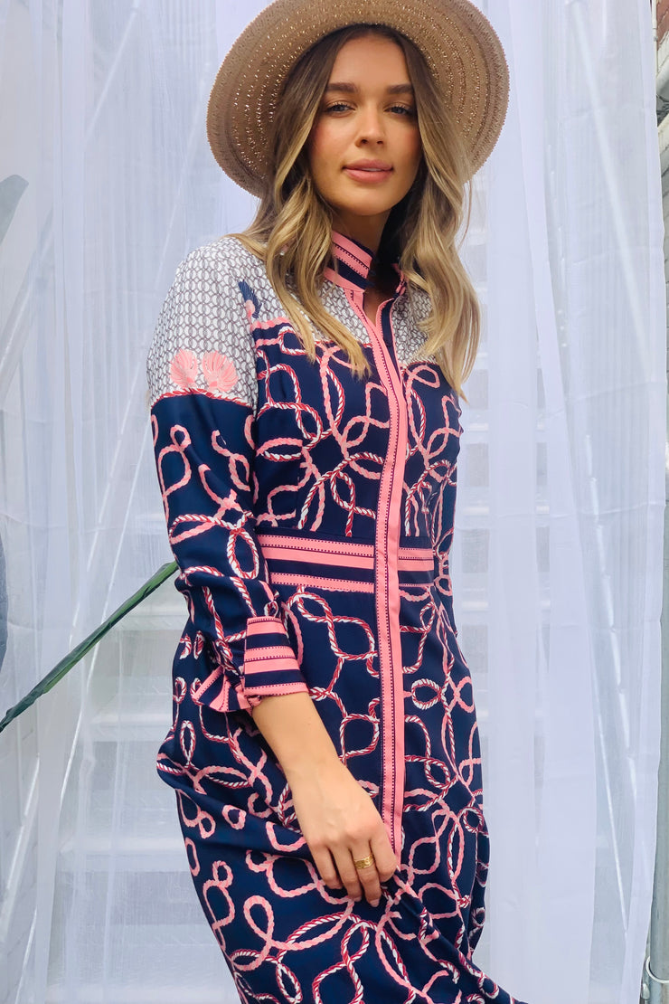 Ivy Chain MIDI Dress in Navy and Pink Print