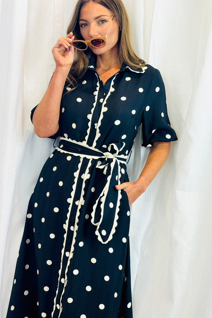 Shyla Black and Off White Polka Dot Dress