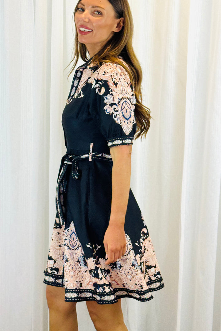 Georgia Multi Embroidered Print Dress in Black