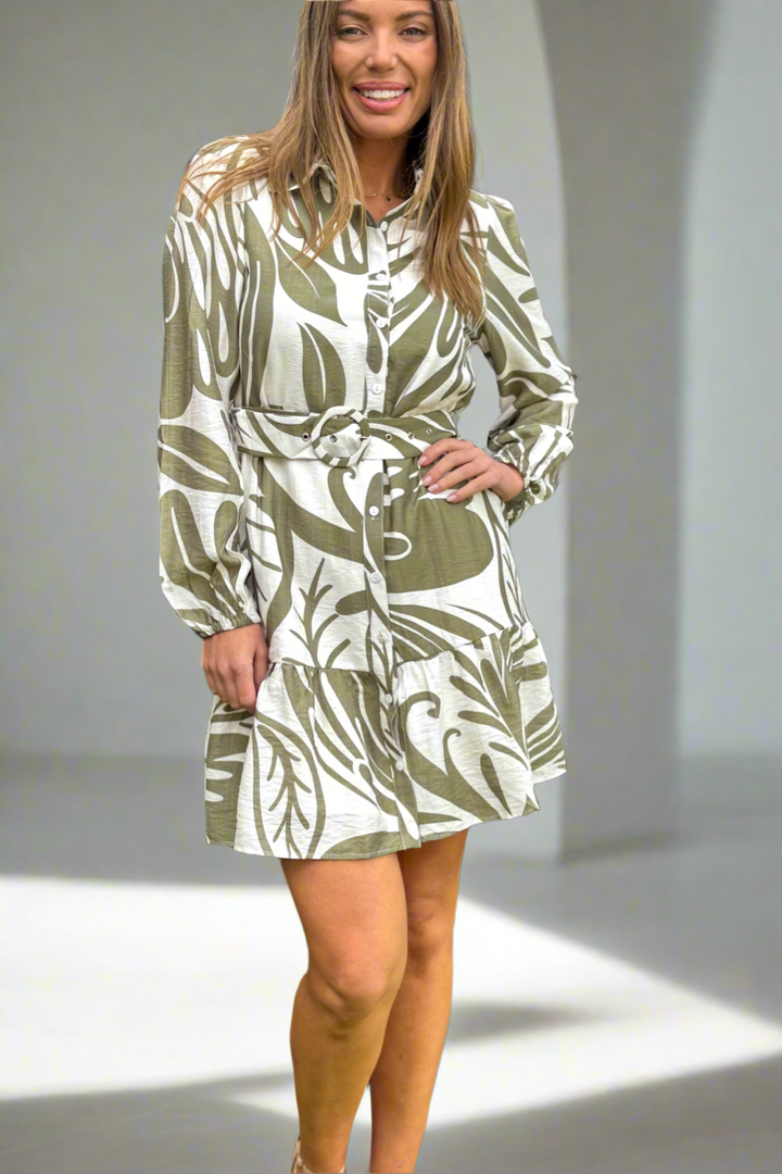 Fate Khaki and Off White Print Dress