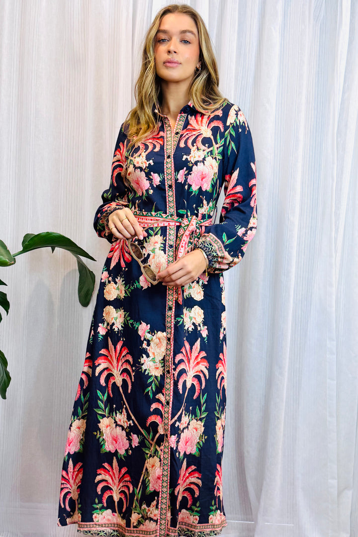 Maddison Long Sleeve Maxi Dress in Navy Print