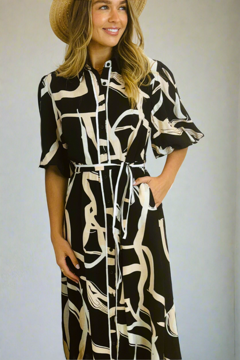 Leah Shirt Dress in New Black Print