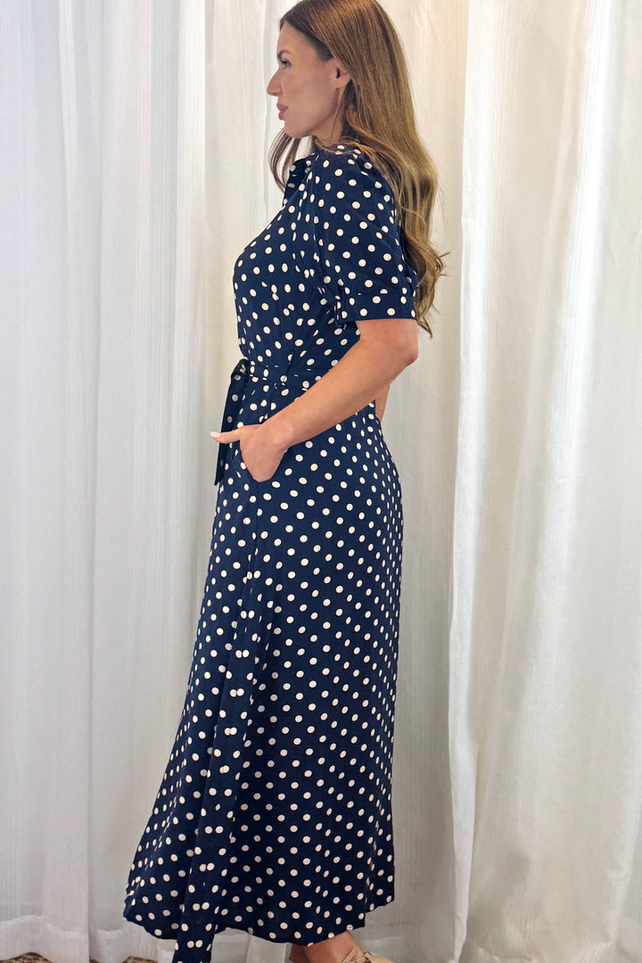 Tamika Spot Dress In Navy And Beige