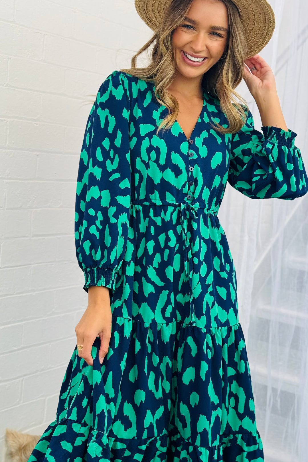 Molli Drawstring Midi Dress in Navy and Green Animal  Print