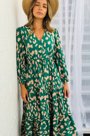 Molli Midi Drawstring Dress in Green Animal Print
