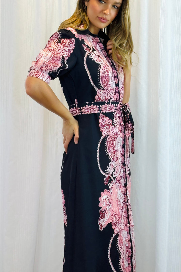 Eden Short Sleeve Dress With Pink Embroidered Print.