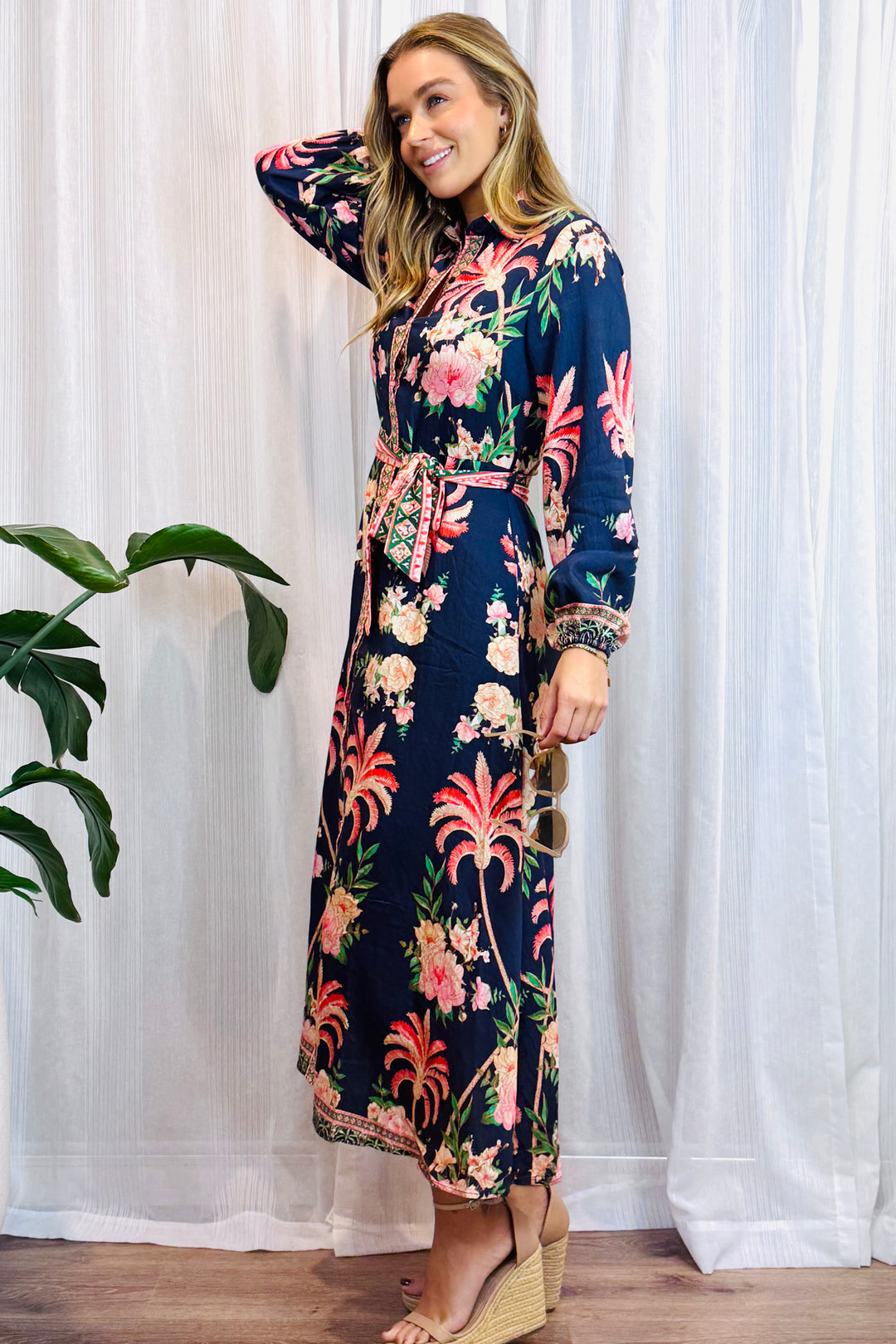 Maddison Long Sleeve Maxi Dress in Navy Print