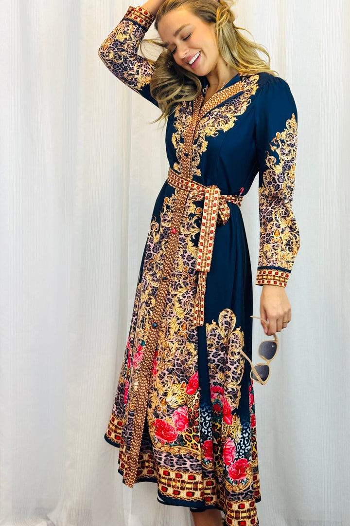 Catalina Navy Embroidered Print Maxi Dress