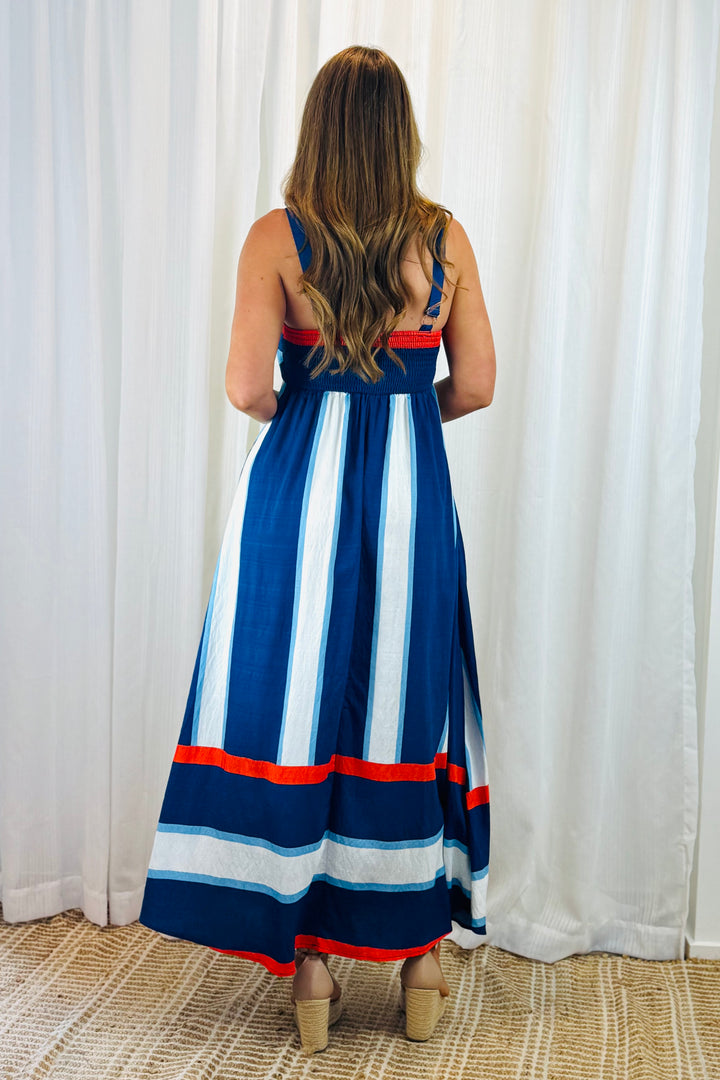 Yasmin Blue, White And Orange Stripe Midi