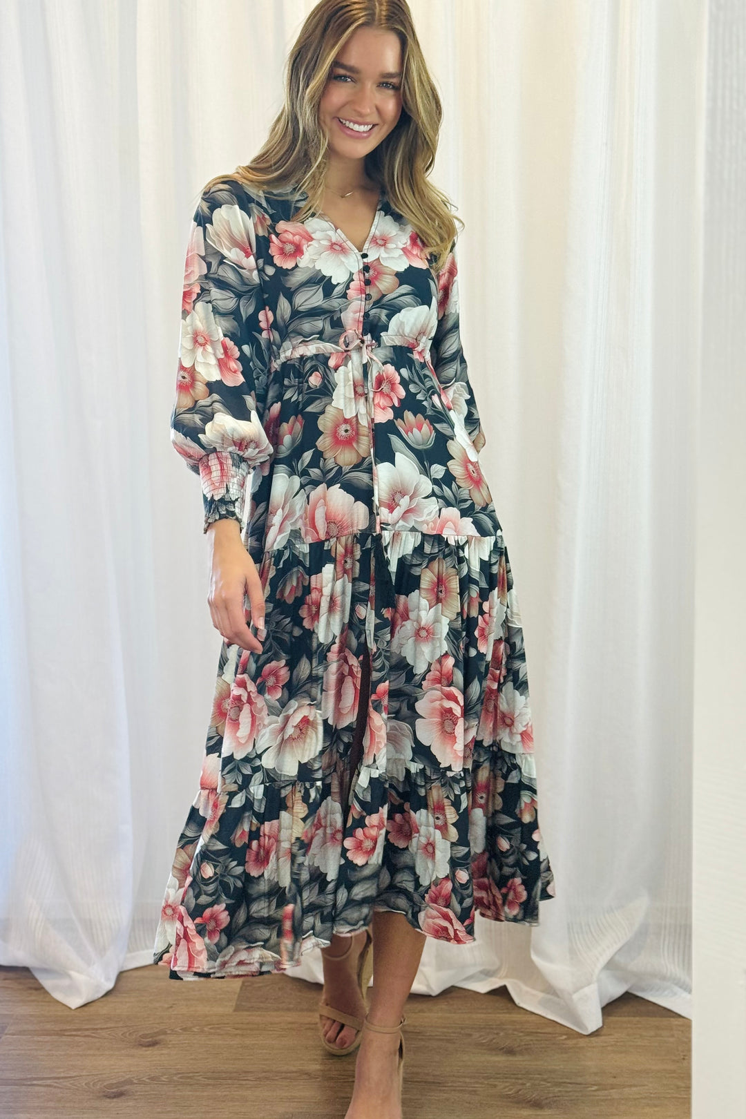 Yasmine Floral Drawstring Maxi Dress with Front Split