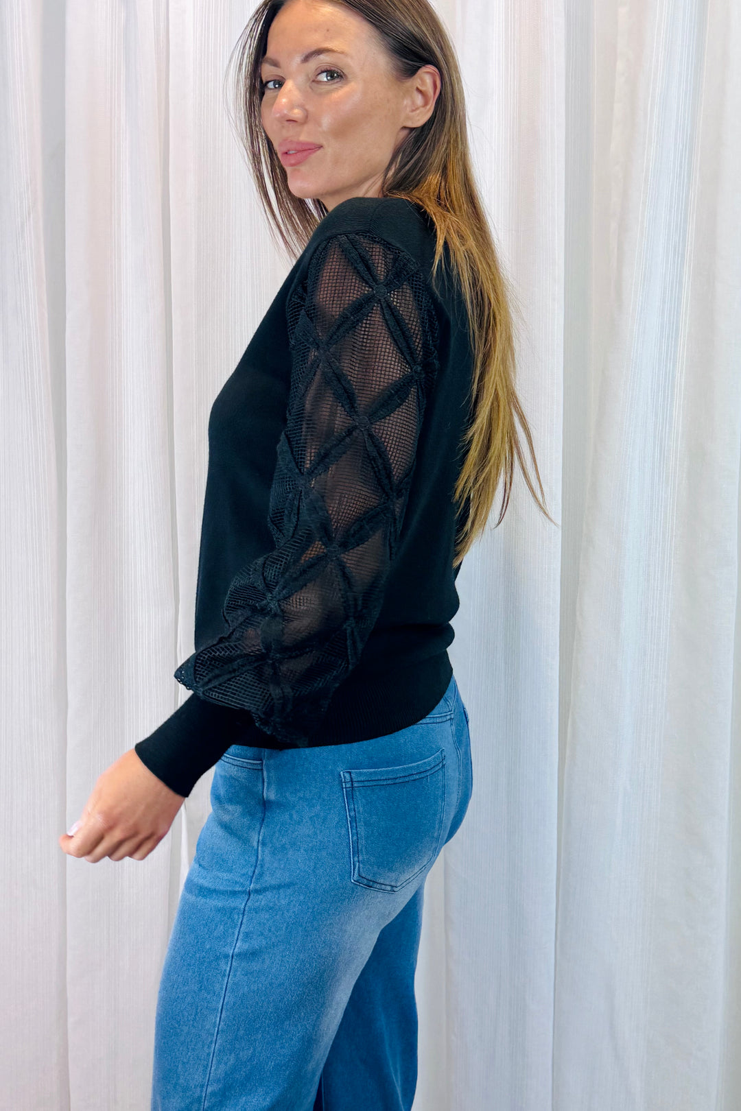 Milani Lace Knit Top in Black
