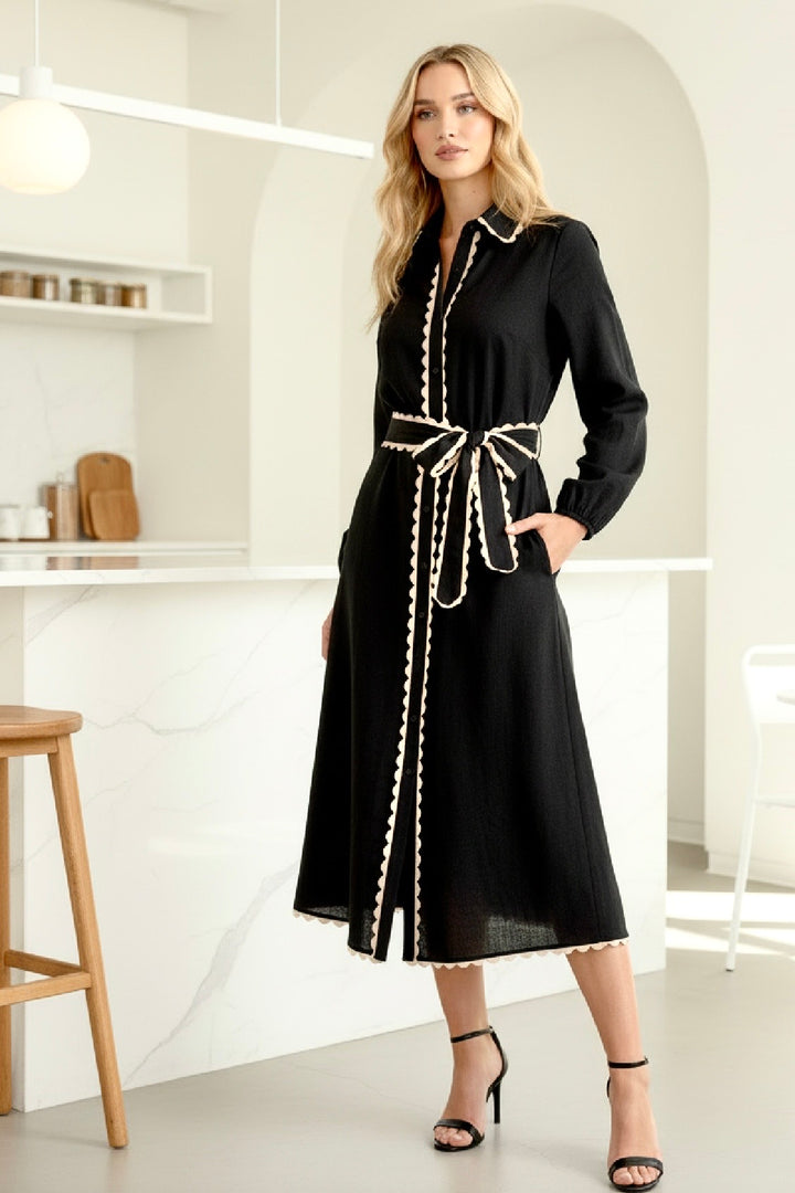 Shyla Long Sleeve Black Dress With Trim