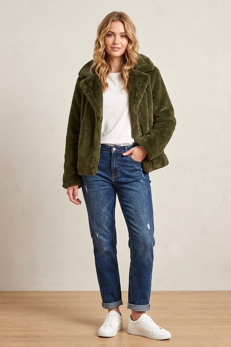 Kayla Faux Fur Jacket in Olive