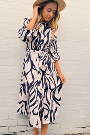 Khloe Long Sleeve Tiger Print Shirt Dress In Navy and White