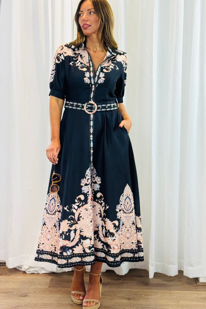 Georgia Black Maxi Dress With Embroidered Print