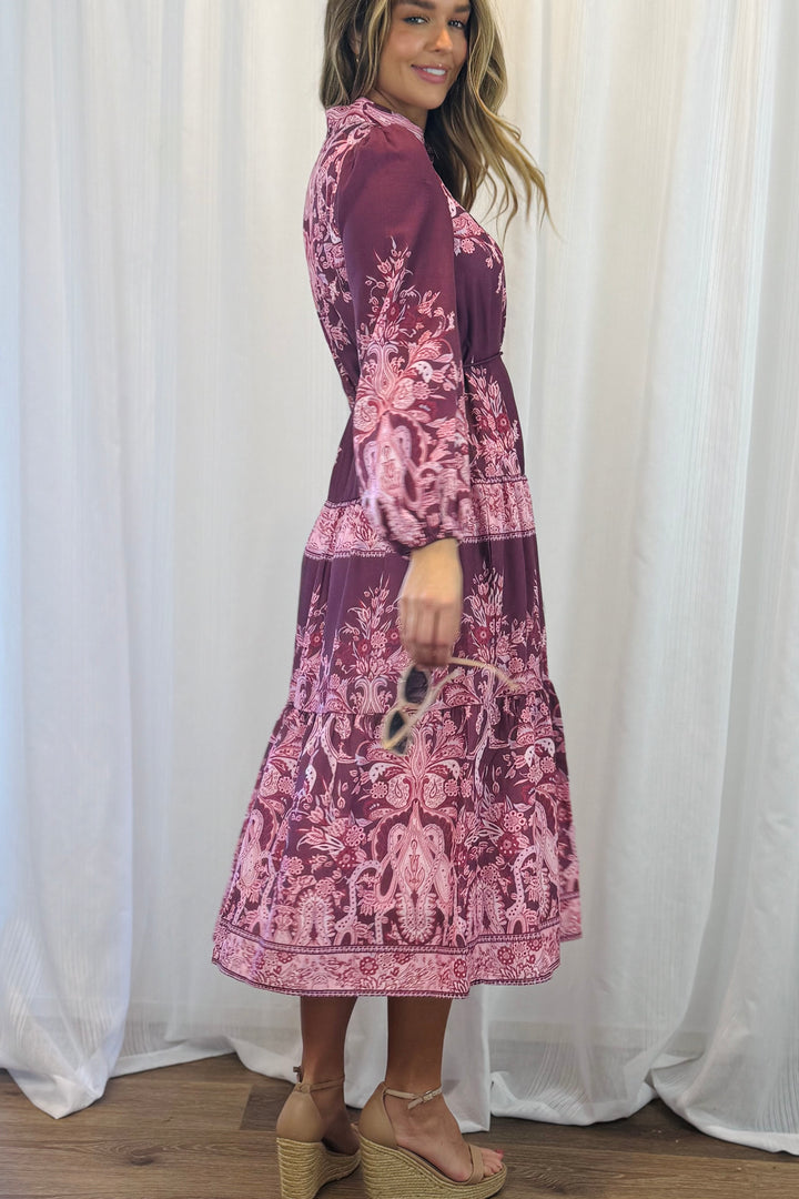 Sabrina Midi Multi Print Dress in Pink and Claret