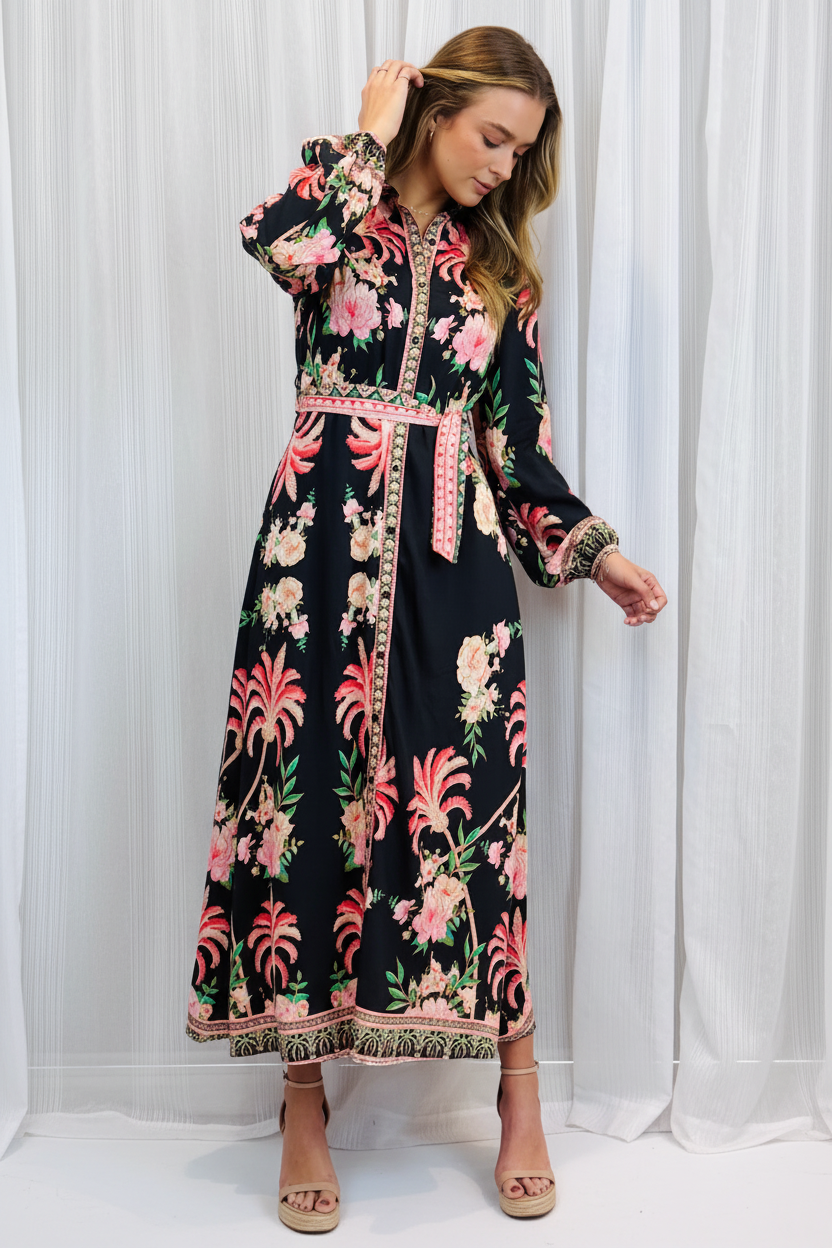 Maddison Palm Print Dress in Black Long Sleeve