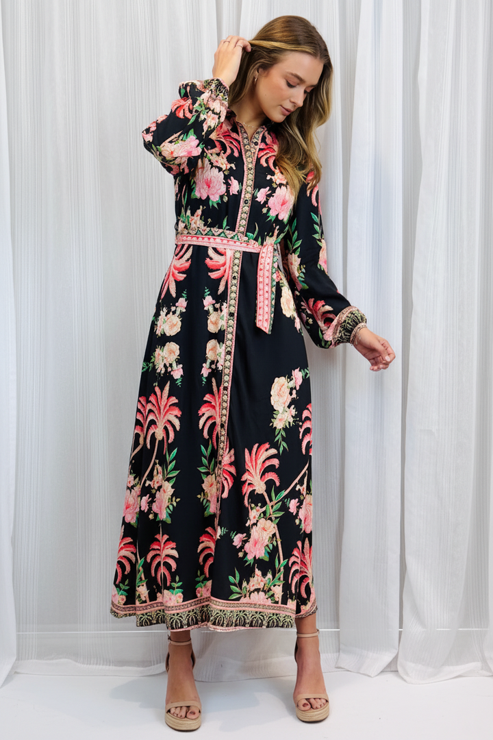 Maddison Palm Print Dress in Black Long Sleeve