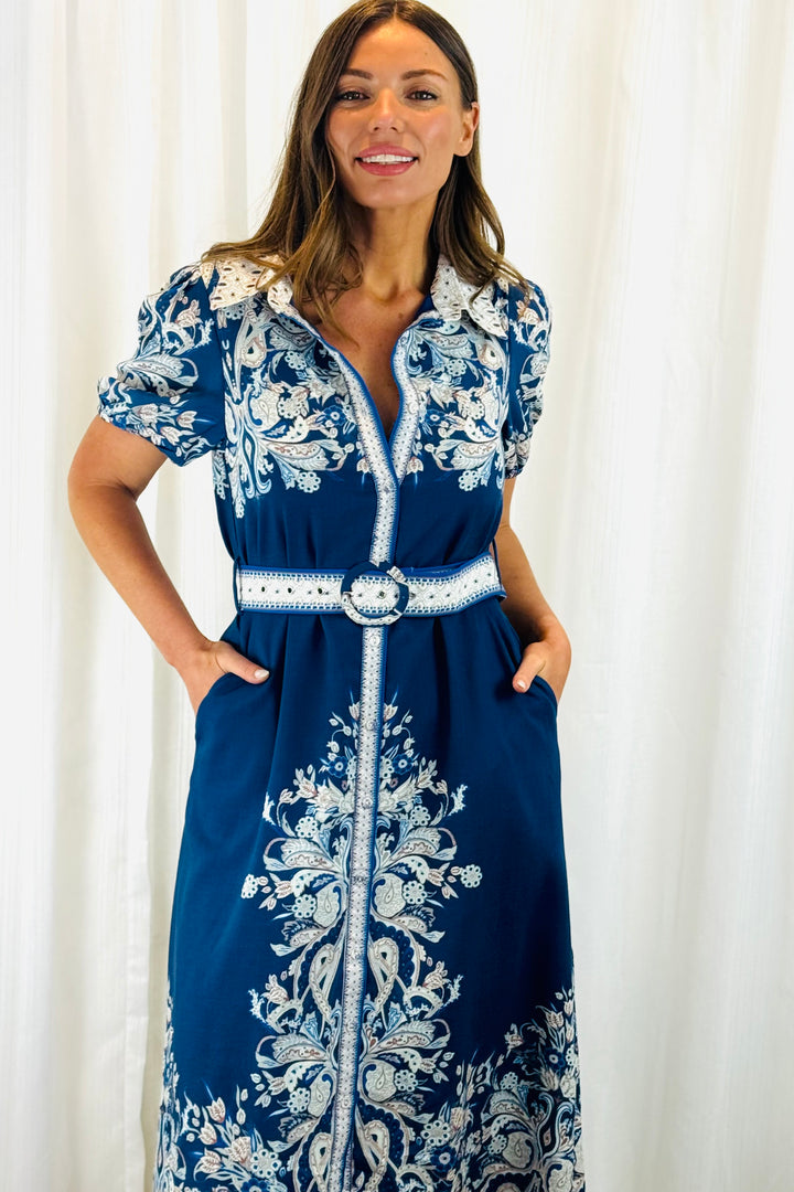 Lopez Embroidered Print Shirt Dress  In Navy