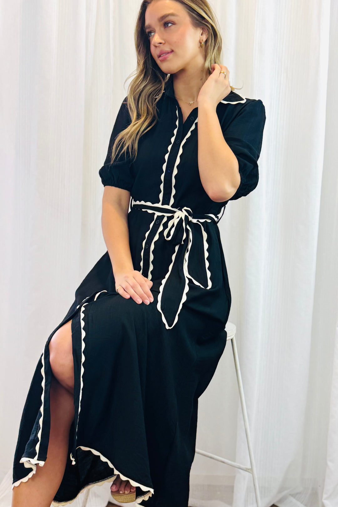 Shyla Shirt Dress in Black With White Trim