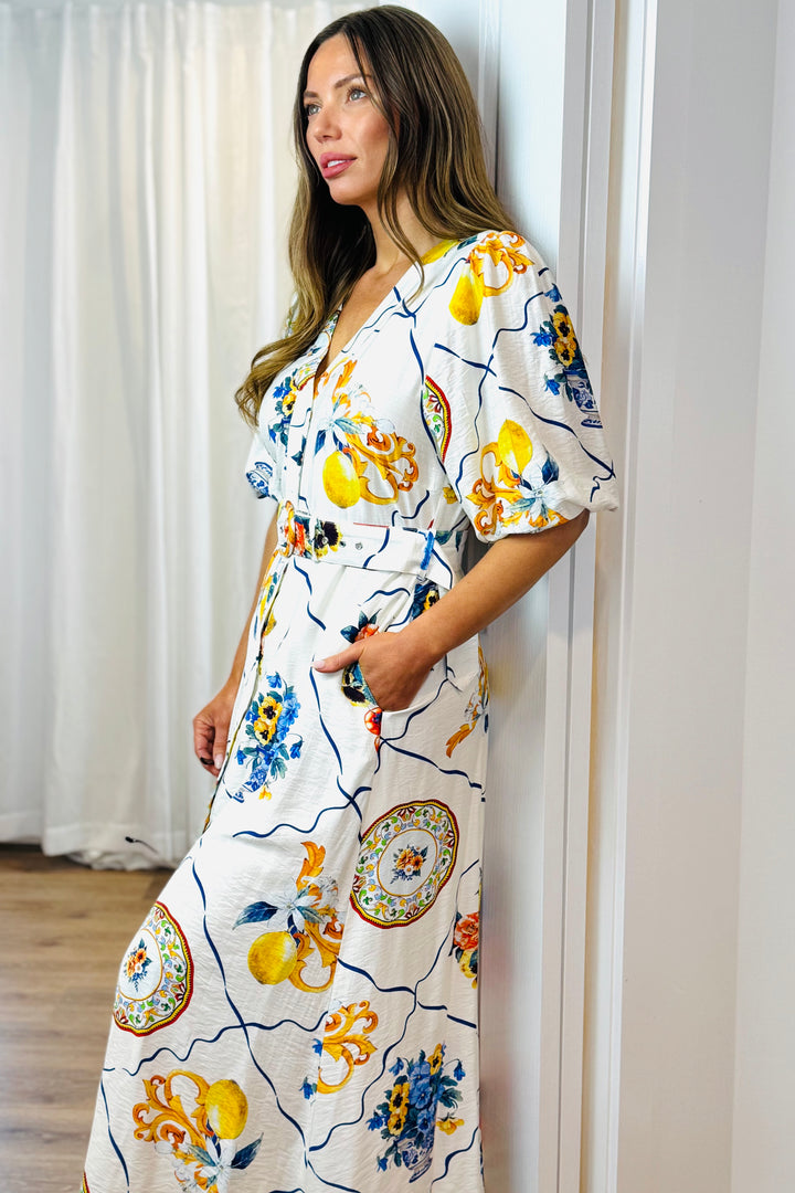 Giulia Shirt Dress in Off White Multi Lemon Print