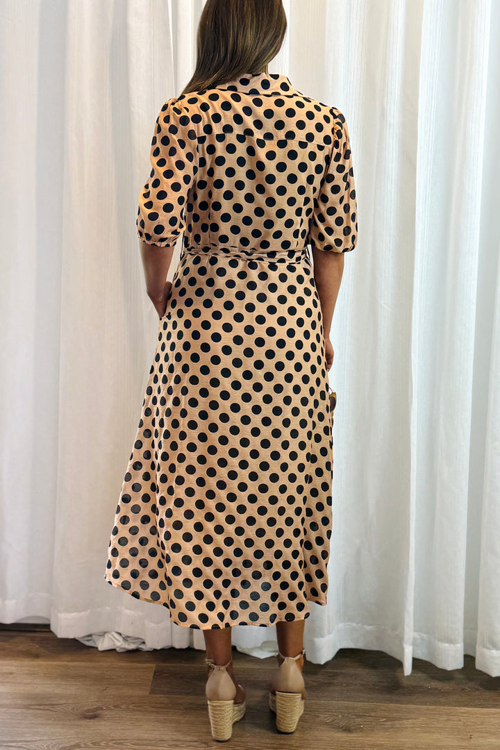 Fallon Polka Dot Shirt Dress in Tan