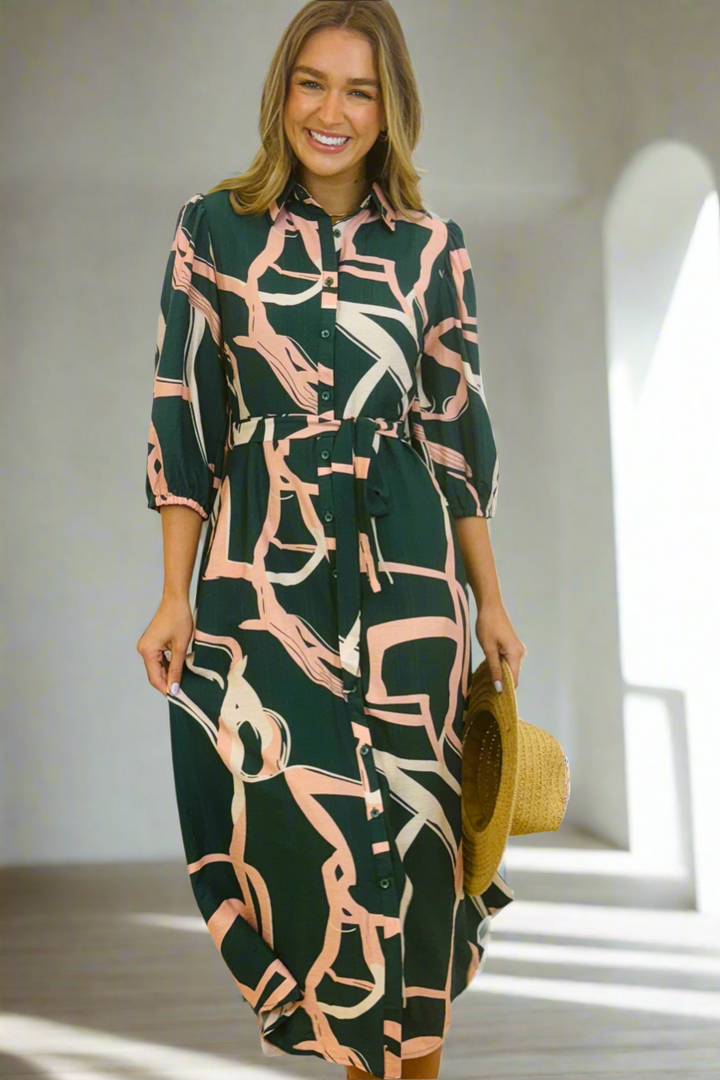 Marlow Midi Shirt Dress in Green and Pink Print