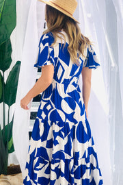 Santorini Midi Dress in Blue and White Print