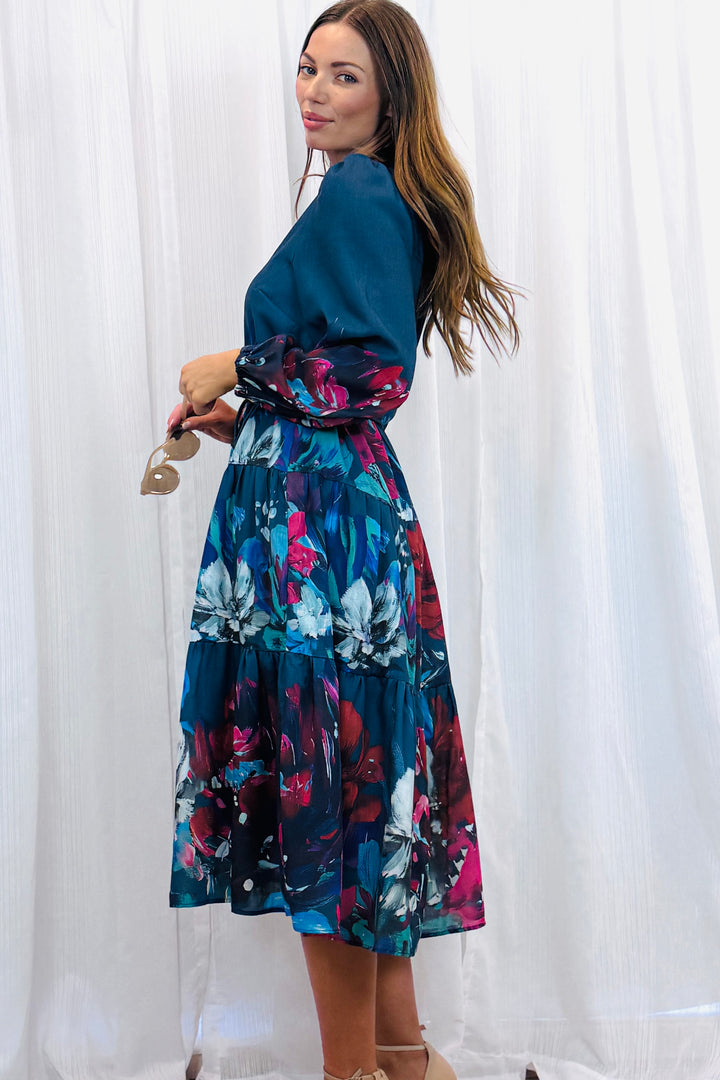 Messina Navy Multi Print Midi Dress