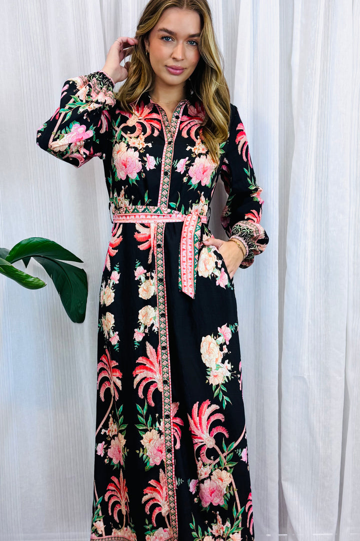 Maddison Palm Print Dress in Long Sleeve