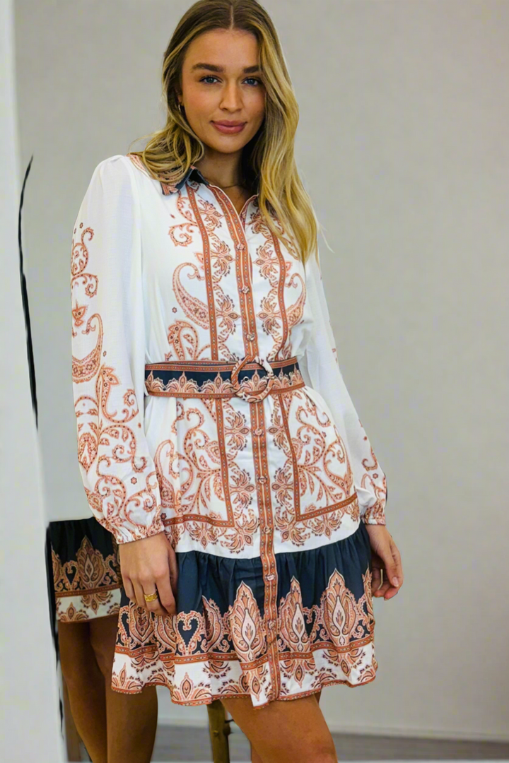 Bonnie Shirt Dress with Embroidery in White and Navy Print - Back in Stock