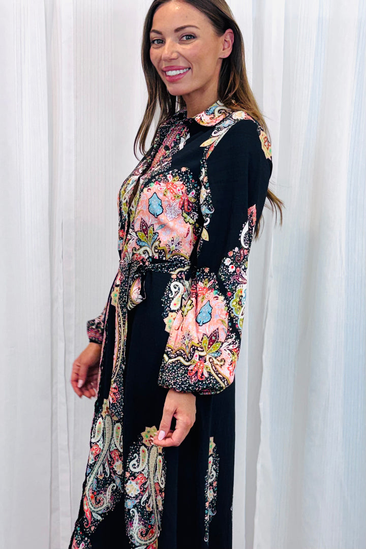 Gidget Long Sleeve Black Embroidered Print Dress in Long Sleeve