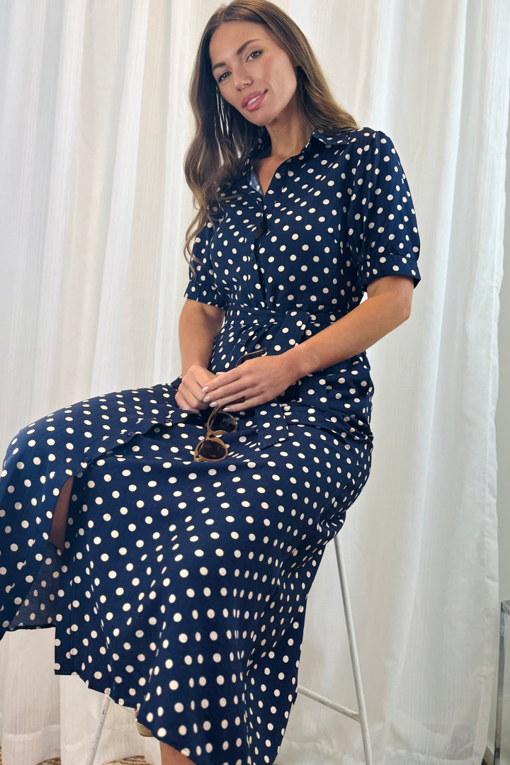 Tamika Spot Dress In Navy And Beige