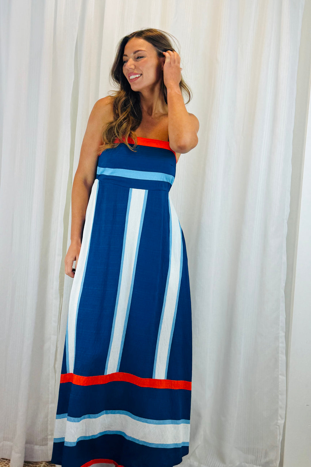 Yasmin Blue, White And Orange Stripe Midi