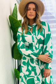 Paige Midi Dress in Green and White Print